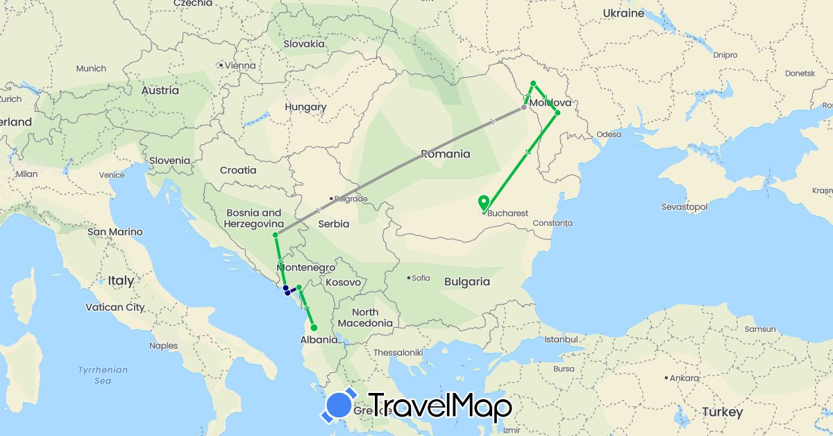 TravelMap itinerary: driving, bus, plane in Albania, Bosnia and Herzegovina, Moldova, Montenegro, Romania (Europe)